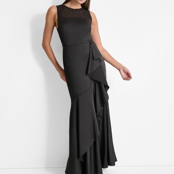 DKNY Women's Mesh-Yoke Cascading-Ruffle Evening Gown - Black NWT Size 14 - Picture 6 of 7